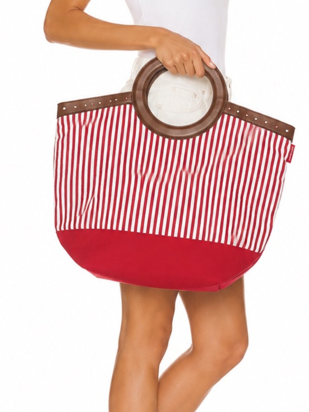 Bloomingdale's Red & White Striped Tote with Brown Round Handles